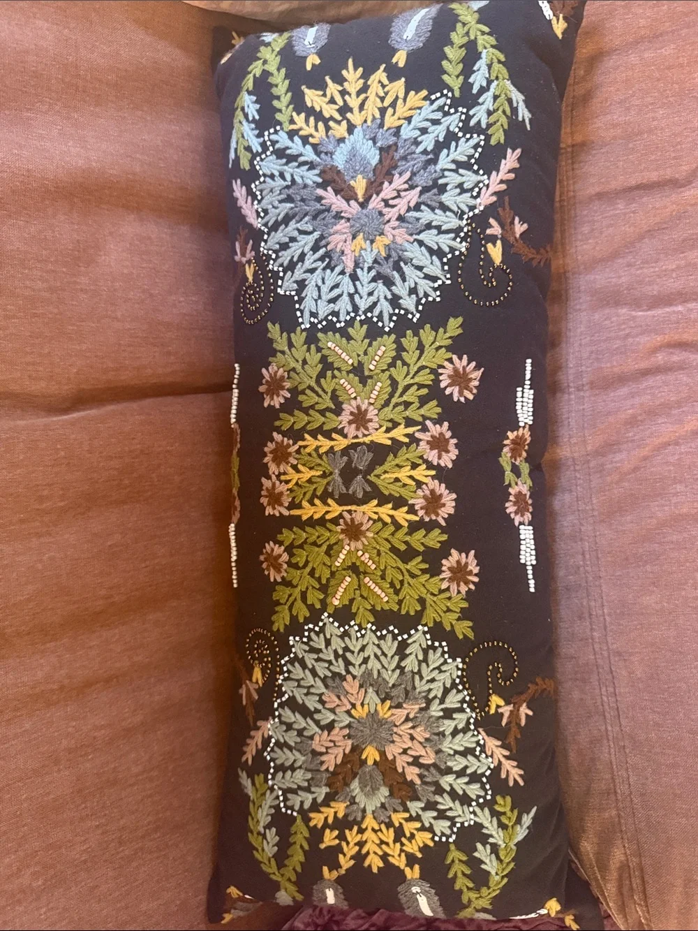Embroidered Floral Decorative Pillow Cover in Black and Green